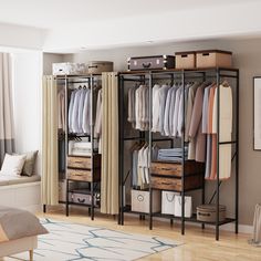 an open closet with clothes and boxes on the shelves, in front of a window