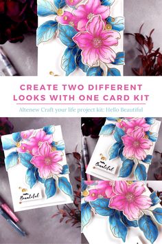 some cards with flowers on them and the words create two different looks with one card kit