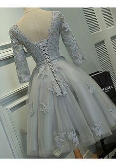 Scoop Knee-length Lace / Tulle Ribbon Short Prom Cocktail Homecoming Dresses(ED1172) Gray Homecoming Dress, Grey Lace Shorts, Tulle Cocktail Dress, Long Sleeve Homecoming Dresses, Tulle Party Dress, Homecoming Dresses Lace, Tulle Homecoming Dress, Cheap Homecoming Dresses, Homecoming Dresses Long