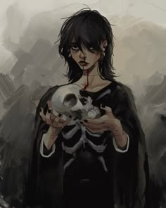 a woman holding a skull and wearing a black dress with red blood on her face