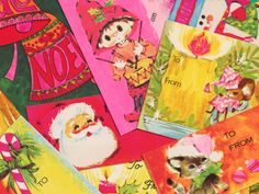 colorful christmas cards with santa claus and other holiday greetings on them, all in bright colors