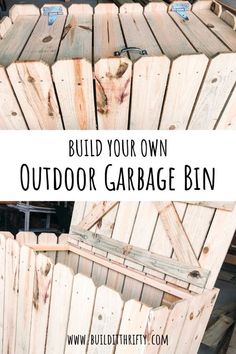 an outdoor garbage bin made out of wooden pallets with text overlay that reads build your own outdoor garbage bin