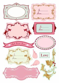 some pink and gold labels on a white background, with the word love written below them