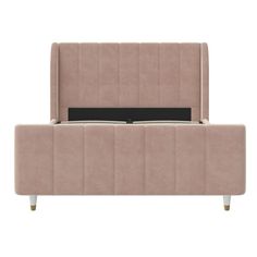 an upholstered bed frame with black headboard and foot board, in light pink velvet