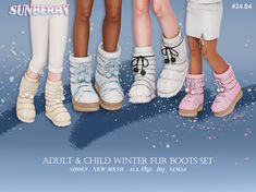 four children's winter boots are shown in this ad