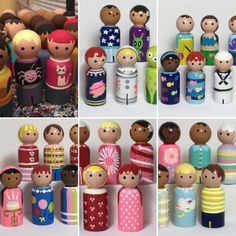 there are many different pictures of wooden toy figures in the same photo, each with their own child's name on it