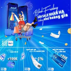 the advertisement for an electronics store is shown in blue and white colors, with images of people