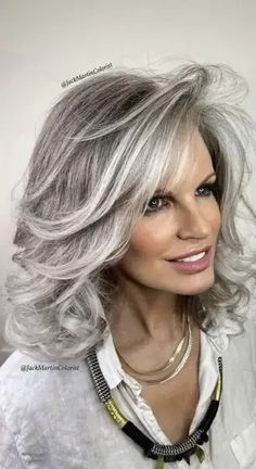 33 Chic and Elegant Mid-Length Haircuts for Women Over 50 Long Hair Older Women, Long Silver Hair, Silver White Hair, Gorgeous Gray Hair, Grey Hair Inspiration, Haircuts For Women Over 50, Gorgeous Hairstyles, Hairstyles And Haircuts, Growing Out Short Hair Styles