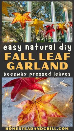 fall leaf garland with text overlay that reads easy natural diy fall leaf garland beeswax pressed leaves