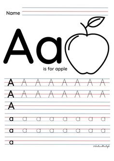 the letter a is for apple handwriting practice worksheet with an upper and lower case