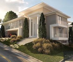 an artist's rendering of a modern house with trees and bushes on the side