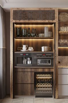 a kitchen with an oven, wine rack and shelves full of glasses on the counter