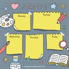 the back to school schedule is shown in yellow paper with school supplies on it and an open