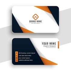 two business cards with an orange and blue design on them, both in black and white