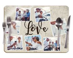 a collage of photos with the word love on it and silverware in front of them