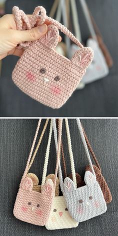 crocheted purses are hanging on the wall and in front of a handbag