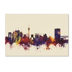 a city skyline painted in watercolor on a white background