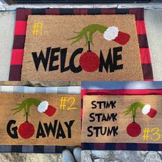 "Great way to personalize your home, cabin, camper, shed or really just about anywhere! Custom/Personalized doormats make great gifts for yourself, housewarming, birthday, holidays, weddings, showers/parties, or just because. Our coir doormats measure 18\" x 30\" and have a skid resistant rubber backing. The coir part is made from the long, brown fibers of coconut shell husks which makes them eco-friendly and mold and mildew resistant. We use high quality paints and seal them for added protectio Painting Door Mats Diy Christmas, Christmas Doormat Ideas Diy, Grinch Door Mat, Camper Shed, Diy Christmas Door Mat, Doormat Craft, Diy Painted Doormat, Grinch Doormat, Doormats Ideas