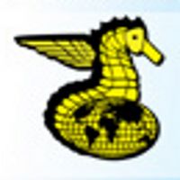 a yellow and black sea horse logo on a white background with blue sky in the background