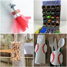 four different pictures with plastic utensils and baseballs on the clothes pins, spoons, forks, napkins