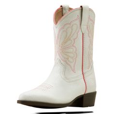 She'll feel like the star of the rodeo in this trend-forward pair. Pink butterfly stitching pops against the white suede and looks so cute with jeans or dresses. Heritage Butterfly Western Boot | Product Features : 0 : 4LR™ technology provides lightweight support and stability, 1 : Durable and flexible TPR sole, 2 : Three-row stitch pattern with embroidery, 3 : Easy pull-on style, 4 : Ariat is including you in its dedication to environmental stewardship. By purchasing this product, you are suppo Western Boot, Pink Butterfly, Kids Boots, Western Boots, Leather Working, The Star, Big Kids, Rodeo, Kid Shoes