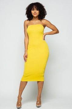 model is wearing Yellow Tube Knit Midi Dress with heels Chic Dressing, Knit Midi, Swimwear Sale, Knit Midi Dress, Knitting Designs, Midi Length, Midi Dress, Couture, Wardrobe