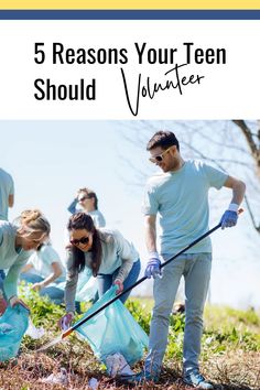 five people in the grass with shovels and plastic bags on their hands, one man is