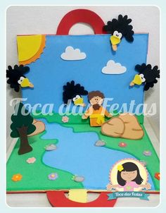 a cake that is shaped to look like a landscape with people and ducks on it