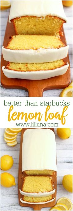 a lemon loaf is cut into slices and placed on a cutting board