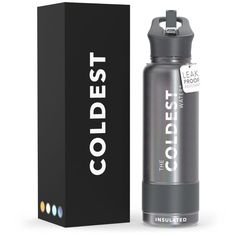 an insulated water bottle next to a cardboard box with the word coldest printed on it