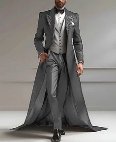 Men's Solid Suits 3 Pieces Slim Fit Jacket+Pant+Long Wraps for Wedding Party | eBay Masquerade Outfit Men, Tuxedo Peak Lapel, Wedding Suit Dress, Tail Suit, Black And Gold Birthday Cake, Fancy Suits, Black And Gold Birthday, Combat Suit, Gold Birthday Cake