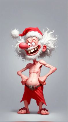 an animated santa clause standing with his hands on his hips and mouth wide open, smiling