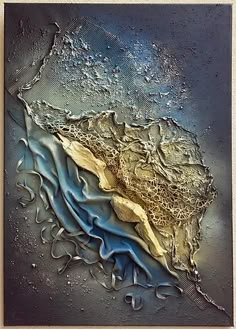 an abstract painting with blue and gold colors on a gray background is featured in the frame