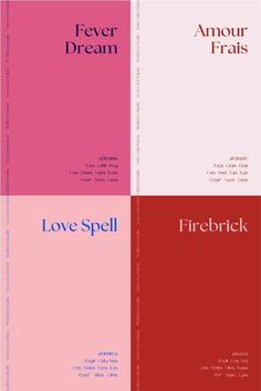 four different colored books with the words love spell written on each book cover and in red, pink, blue, and white