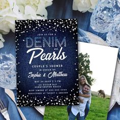 an image of a couple on their wedding day with the words denim pearls in front of them