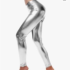 Brand New With Tags! Shiny Wet Look Liquid Fabric, Wrinkle-Resistant, Stretchy, Full-Length And Comfortable Leggings; , Soft, Sexy, Figure-Hugging, And Creates A Nice Silhouette. L/Xl 95% Polyester 5% Spandex Disco Leggings, Silver Leggings, Runway Inspiration, Dance Leggings, Metallic Leggings, Ankle Length Leggings, Metal Clothing, Shiny Leggings, Stretch Leggings