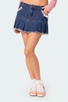 Katalina Pleated Hem Denim Mini Skirt – edikted Denim Miniskirt, Pleated Denim, Miniskirt Outfits, Swimwear Dress, Blue Skirt, Denim Mini, Denim Mini Skirt, Denim Fabric, Skirt Outfits