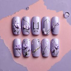 purple nail design ideas 💡#purple #nailart #naildesign #purplenailsdesigns #trendy #bts Purple Nail With Design, Kpop Inspired Nails Skz, Bts Nail Art Designs, Nails Purple Flower, Purple Aesthetic Nails, Bts Nails Designs, Nail Art Bts, Kpop Nails Ideas, Army Nail Art