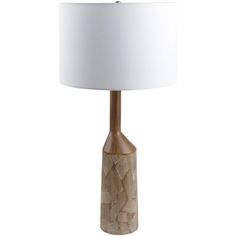 a wooden table lamp with a white shade on the base and a light bulb attached to it