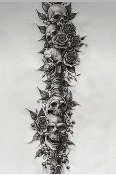 a tattoo design with skulls and roses on the back of its head, in black and white