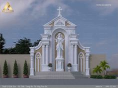 an architectural rendering of a church with a statue on the front and steps leading up to it