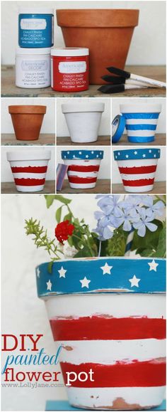 patriotic flower pots with flowers in them and the words diy painted flower pot on top