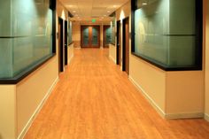 an empty hallway with wooden floors and glass doors on both sides, leading to two elevators