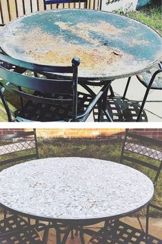 Patio Furniture Makeover Metal Patio Furniture Makeover, Patio Table Redo, Tile Patio Table, Metal Outdoor Table, Furniture Makeover Ideas, Metal Garden Table, Patio Table Top, Old Wood Table, Diy Patio Table