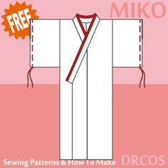 Kimono Costume - Free Japanese Cosplay Sewing Pattern! You can learn to sew Japanese patterns at www.japanesesewingpatterns.com Drcos Patterns, Kimono Pattern Free, Cosplay Patterns, Cosplay Sewing, Kimono Costume, Gilet Kimono, Shrine Maiden