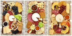 a platter filled with cheese, crackers, fruit and veggies