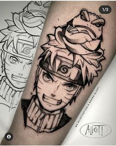 a man's leg with an anime character tattoo on the side of his arm