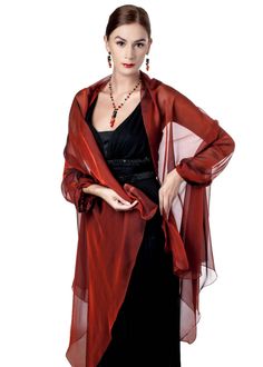 "100% silk stole wrap with sleeves made with finest iridescent chiffon of Venetian Red color. Great accessories for elegant evening dress ------------------------------------------------------------ Please measure your arms and bust before to order: Fits sizes S - XL BUST: 32 - 40 inches UPPER ARMS: 11-13 inches WRISTS: 8 - 10 inches ----------------------------------------------------------- NB:The sleeves of this stole are made just to hold this wrap on your forearms, but not to wear it as a j Elegant Red Silk Shawl, Elegant Red Silk Scarf For Party, Elegant Organza Shawl For Evening, Red Silk Shawl For Wedding, Elegant Red Shawl For Party, Elegant Red Shawl, Chic Silk Shawl For Party, Sheer Shawl For Evening, Elegant Chiffon Shawl