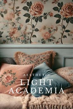 the cover of aesthetic light academy, featuring pink roses on a wallpapered background