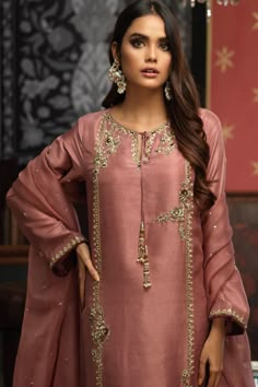 Pink Embroidered Slub Silk Set, Elegant Purple Chanderi Palazzo Set, Pink Slub Silk Palazzo Set With Dabka Work, Purple Slub Silk Wedding Set, Designer Slub Silk Salwar Kameez With Intricate Embroidery, Elegant Purple Palazzo Set With Dupatta, Festive Slub Silk Set With Intricate Embroidery, Elegant Purple Palazzo Set For Festivals, Festive Sets With Intricate Embroidery In Slub Silk